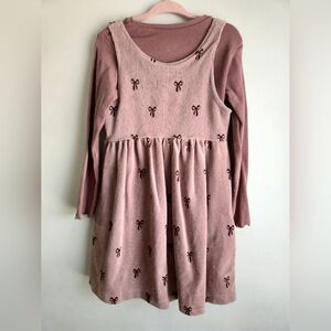 Pink Corduroy Dress with Bow Accents